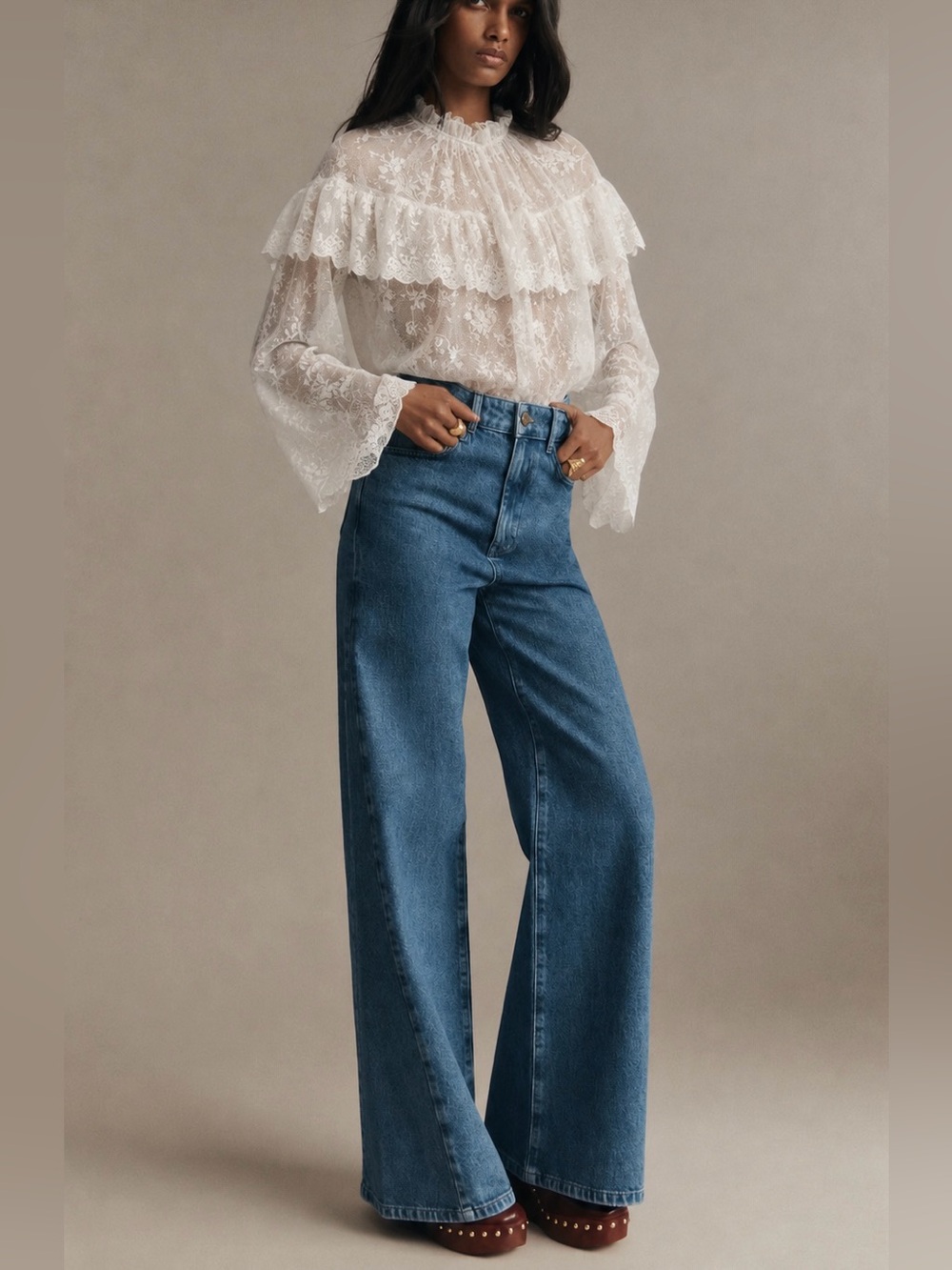 H&M White Lace Flounce Trimmed Blouse